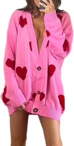 Women Valentines Day Heart Sweater Cardigan Long Sleeve Button Open Front Casual Loose Knit Sweater Outerwear