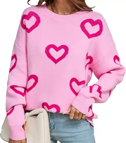 Women Y2k Valentines Oversized Knit Sweater Heart Print Long Sleeve Crew Neck Loose Pullover Tops Streetwear