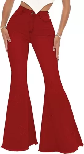 Women's Butterfly Bell Bottom Jeans Elastic High Waisted Embroidered Classic Flareed Jeans Raw Hem Denim Pants with Pocket
