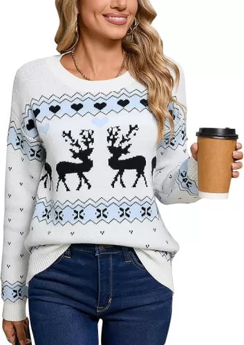 Womens Christmas Sweaters Long Sleeve Crew Neck Cute Multi-Hearts Knitted Casual Sweater