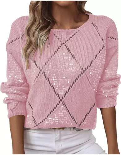 Womens Crew Neck Crochet Long Sleeve Hollow Out Knit Sweaters Fashion Lightweight Loose Casual Sequin Pullover Tops