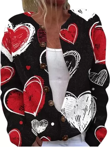 Womens Cute Heart Cardigan Sweaters Sweaters for Women 2025 Trendy Love Heart Button Down Long Sleeve Oversized Coat