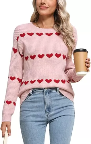 Women's Cute Hearts Pullover Sweaters Long Sleeve Crew Neck Casual Knit Sweater