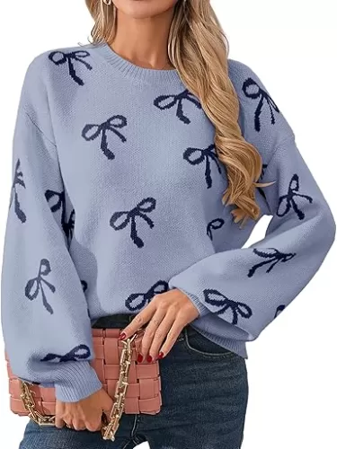 Womens Cute Ribbed Knit Crewneck Bow Pattern Pullover Sweater Spring 2025