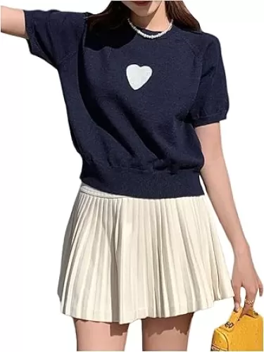 Women's Heart Print Sweater Crewneck Short Sleeve Trendy Pullovers Knit Tops