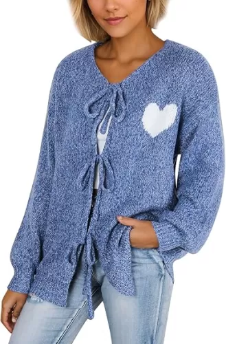 Womens Long Sleeve Bow Tie Open Front Cardigan Casual Loose Cute Heart Knit Cardigans