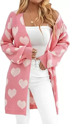 Womens Oversized Cute Heart Long Cardigan Spring 2025 Trendy Casual Ribbed Knit Open Front Sweaters