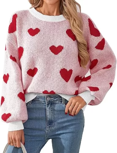 Womens Oversized Cute Heart Sweater Spring 2025 Dressy Casual Ribbed Knit Crew Neck Pullover Tops