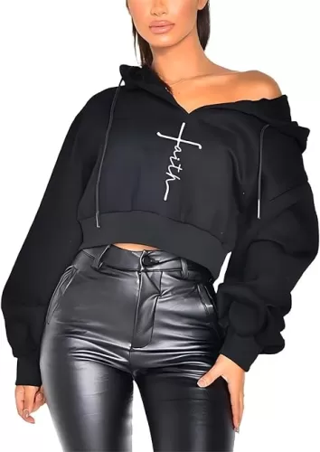 Women's Thick Sports Hoodie, Pullover Hoodie, Crop, Faith Letter Embroidered Hoodie