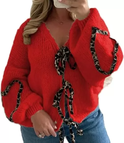 Women’s Tie Knot Leopard Heart Print Knit Cardigan Oversized V Neck Open Front Bandage Sweater Trendy Fall Knit Outwear