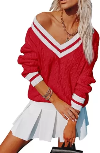 Womens V Neck Oversized Sweaters Long Sleeve Cable Knit Pullover Striped Chunky Sweater Casual Tennis Tunic Tops