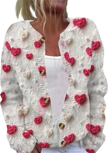 Womens Valentines Day Cute Heart Cardigan Sweaters Chunky Open Front Knit Button Crewneck Long Sleeve Sweater 2025