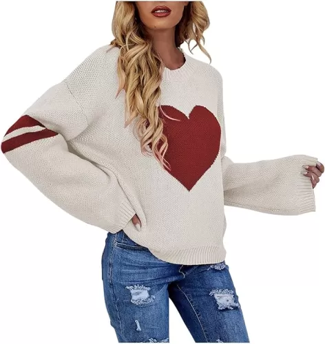 Women's Winter Graphic Knitted Sweater Tops Heart Print Long Sleeve Crewneck Pullovers Y2K Sweater Fashion Cute Tops