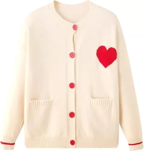 Xunger Women’s Crewneck Cute Heart Sweater Cardigan Loose Fit Color Block Y2K Kawaii Knit Pullover Top