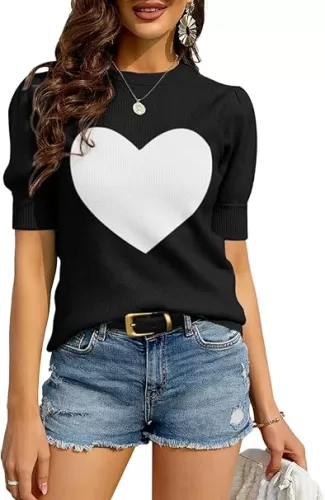 Zbyclub Womens Puff Short Sleeve Sweaters Pullover Shirt Tops Crew Neck Lightweight Knit Sweater Blouses