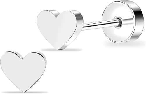 ZDE Women Flat Back Heart Earrings Non-Nickel Heart Earrings Titanium Hypoallergenic Cartilage Earrings Stud for Sensitive Ears Simple Classic 5mm Flat Stud Earring