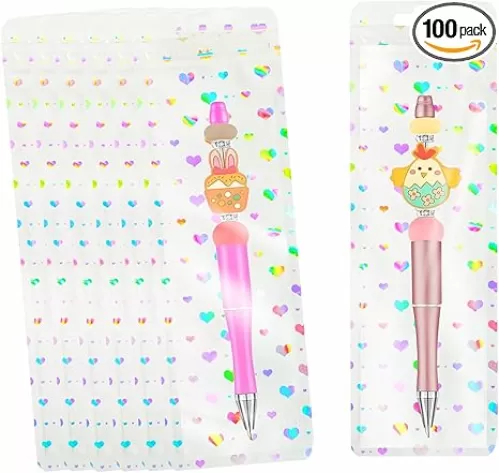 100 Clear Plastic Bags - Resealable Foil Pouch Bags for Pens, Beads, Jewelry, Party Favors - 2.5x8.66inch (White-Heart)