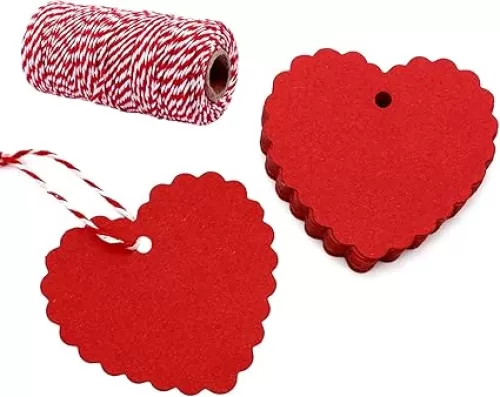 100 Pcs Red Tags Valentine Gift Tags Red Heart Cutouts Heart Shaped Kraft Paper Tags with 300 Feet String for Valentine's Day Mother's Day Wedding Favor Party Decorations