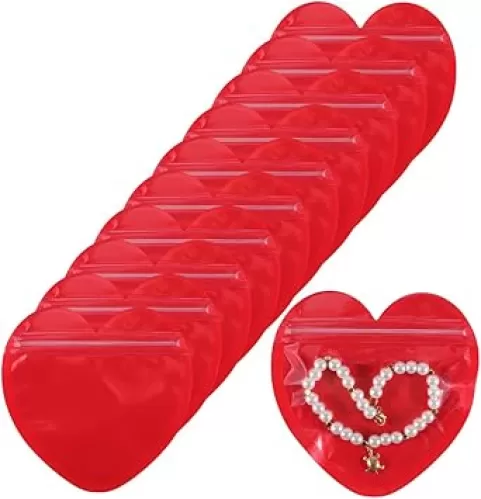 100Pcs 3.9 x 3.9 inch Heart Shaped Bags Ziplock Jewelry Bag Plastic Resealable Red Love Wedding Valentines Clear Candy Pouches for Small Business Packaging Earring Trinkets Storage