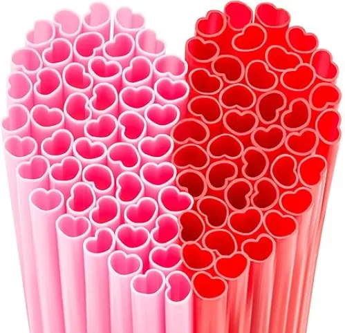 100pcs Heart-Shaped Ruby Red & Rose Pink Straws, Individually Wrapped for Valentine's Proposals, Prom Afterparties, Graduation Galas & Greek Life Socials (10mm Bulk)