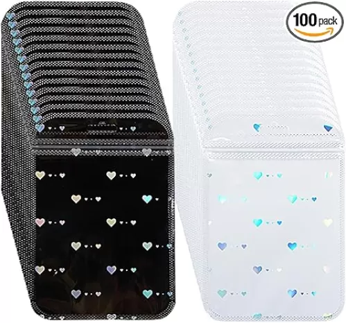 100Pcs Laser Heart Resealable Mylar Bags with Clear Window Holographic Packaging Bags for Small Business White Black Mylar Bag Ziplock Foil Pouch Bag Sealable Bags for Food Storage (4x6 Inch)