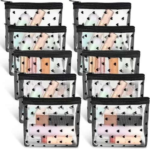 10pcs Mini Mesh Makeup Bags Zipper, Heart Print Cosmetic Bags 3D Heart-shaped Storage Pouch Small Nylon Organizer Purse Bag for Women Lipstick Travel Home Offices Toiletry(Beige)