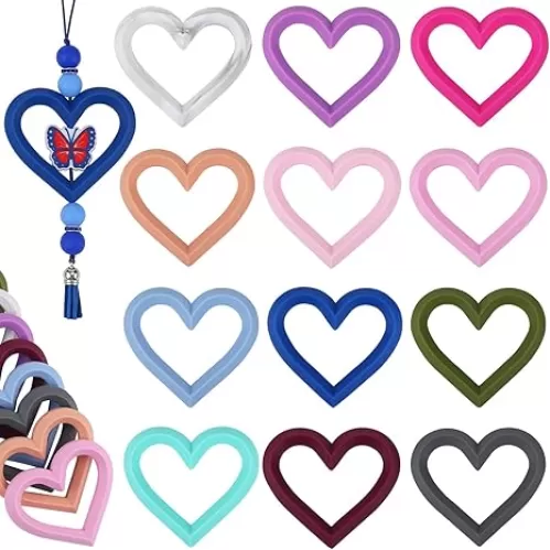 12 Pieces Heart Silicone Beads Silicone Beadable O Rings with 2 Holes for DIY Handicrafts Keychains Car Charms and Necklaces（Heart）