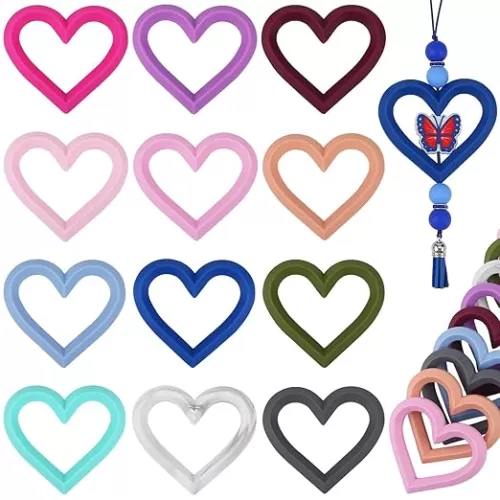 12 Pieces Silicone Ring Bead Silicone Beadable O Rings 65mm Silicone Ring with 2 Silicone Holes for DIY Keychain Car Charms Jewelry Making Pendants（Multi Color Hearts）