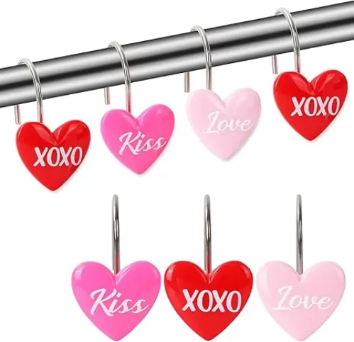 12Pcs Valentine Heart Shape Shower Curtain Hook Red Pink Conversation Love Heart Curtain Hanger Hook 3 Colors Curtain Ring for Bedroom Bathroom Decor