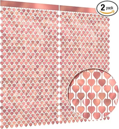 2 Pack 3.3x6.6ft Rose Gold Foil Heart Tinsel Curtain - Gleaming Iridescent Tinsel Shapes for Valentine