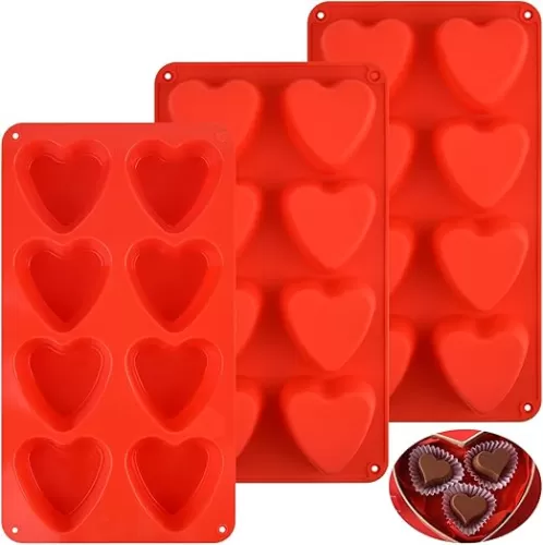 3 PCS Heart Molds Silicone 8 Cavities Heart Shaped Cupcake Pan for Baking Food Grade Muffin Pan Easy Clean Candles Epoxy Resin Valentine Craft for Making Chocolate, Candy, Soap and Jelly (Red)