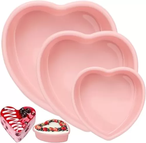 3 Pieces Silicone Heart Cake Pan, 5 8 10 inches Heart Shaped Cake Pan Nonstick Cheesecake Mold Reusable Food Grade Silicone Baking Mold for Baking Brownie Valentine Mother Wedding Birthday Day, Pink