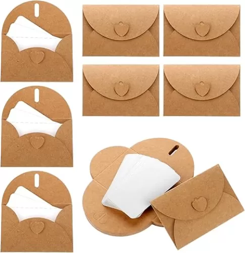 30PCS Gift Card Envelopes - 4.1 x 2.8 inch Mini Kraft Paper Envelopes with Heart Clasp, Small Envelopes with Blank Cards for Gift Cards, Weddings, Party Favors