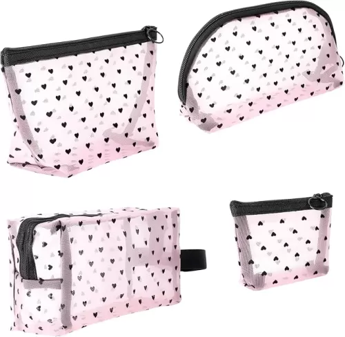 4 Pieces Mesh Cosmetic Bags Set, Portable Travel Mesh Makeup Bag, Heart Pattern Zipper Pouch Toiletry Bag for Women Girls (Pink)