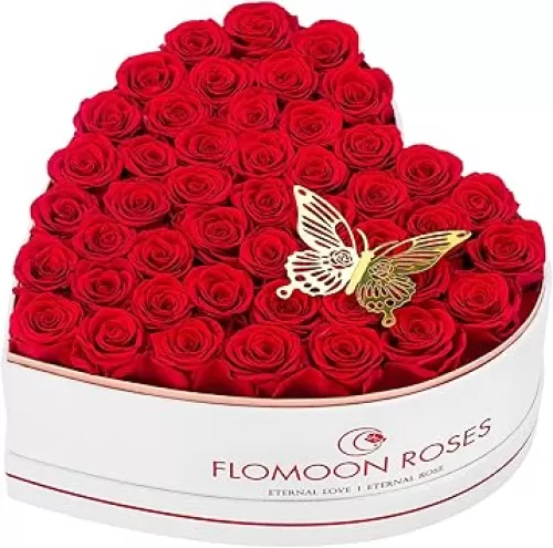 47-Piece Forever Flowers in Heart Shape Box, Mother's Day Preserved Roses Gift for Her, Preserved Flowers Gifts for Mom Birthday Valentine's Day, Rose Long Lasting That Last Over a Year, Red