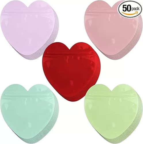 50 Pcs Heart-Shaped Ziplock Bags, Multicolor Clear Plastic Jewelry Bags for Earrings, Rings, Business Supplies, Valentine