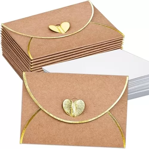 50 pcs Mini Envelopes with Blank Cards, Kraft Mini Envelopes with Gold Border with Heart Clasp for Father's Day Cards, Note Cards, Wedding, Graduation （4.13 x 2.76 inch）