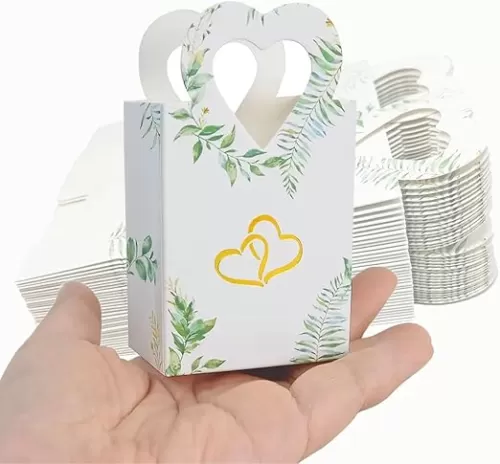 50Pcs Small Cookie Box Greenery Leaf 4"X2.3"X1.5" Gift Bags Treat Candy Mini Size Boxes Heart Shaped Handle For Party Favors Hard Kraft Paper Bags Packaging Candy Wedding Birthday Party Gift Boxes