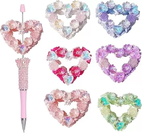 6 Pack Rhinestone Heart Shaped Beads for Beadable Pens Crystal O Ring Love Loose Large Spacer Bead DIY Keychain Earring Necklace Jewelry Making
