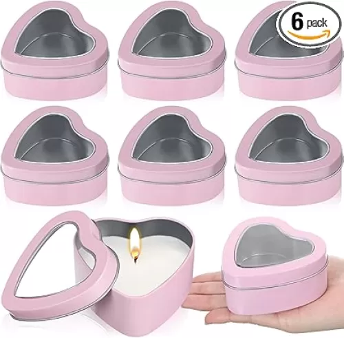 Funnymoom 6 Pcs 6.5 oz Heart Shaped Metal Tins with Clear Window Lids, Mother's Day Metal Candle Tins Empty Heart Shaped Box for Candle Making, Candies, Gifts & Treasures(Pink)