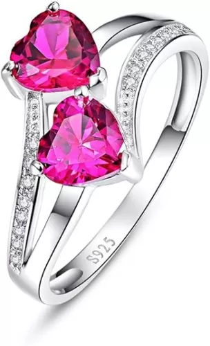 6x6mm Heart Shape Simulated Mystic Rainbow Topaz 925 Sterling Silver Double Heart Promise Ring for Women