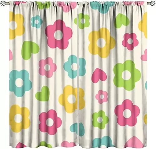 70s Retro Floral Curtain Blackout Vintage Colorful Flowers Hearts Hippy Funky Minimalist Cute Rod Pocket for Bedroom Living Room Kitchen Cafe Office Decor （W27.5xL63 Inch） x2 Panels