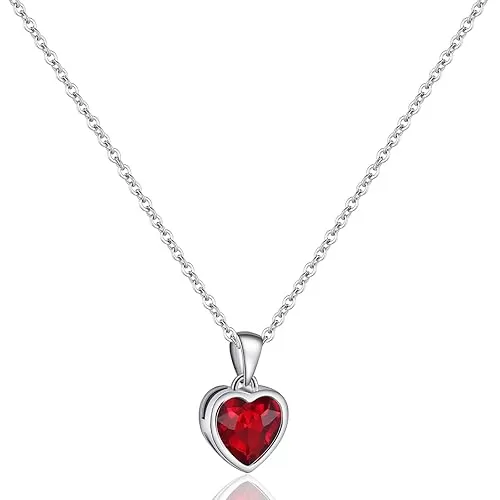 925 Sterling Silver Ruby Heart Necklace Red Pendant Necklace for Women Handmade Love Birthstone Necklace for Valentines Day