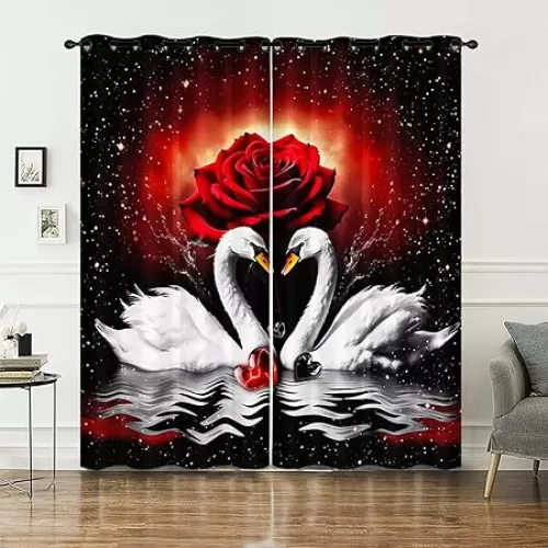 AILONEN 3D White Swan Window Curtain, Red Rose Heart Pattern Window Treatments Drapes for Girls Boys, Swan Couple Animal Drapes Curtains for Bedroom Living Room, 52" W x 63" H (2 Panels)