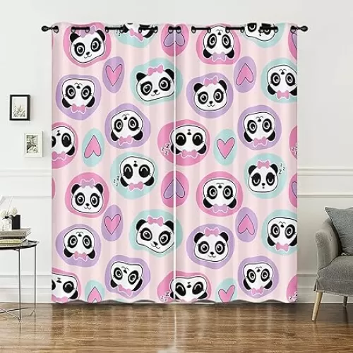 AILONEN Cute Panda Window Curtain Bedroom Living Room Decor, Pink Heart Panda Curtain Gifts for Kids Boys Girls, Cartoon Animal Print Window Drapes 2 Panels Set 42" W x 63" H