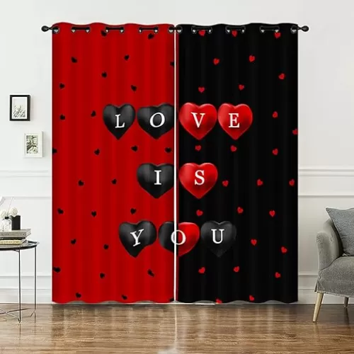 AILONEN Red and Black Couple Love Window Curtain for Bedroom, Romantic Valentine Hearts Printed Window Drapes 38" W x 54" H -2 Panels Set