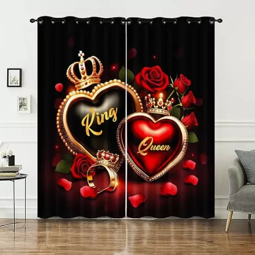 AILONEN Red Rose Romantic Hearts Love Window Curtain, King and Queen Crown Couple Decor Window Drapes(2 Panels) for Room 42" W x 90" H