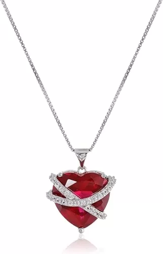 Amazon Essentials Sterling Silver Created Pink and White Sapphire Wrapped Heart Pendant Necklace , (previously Amazon Collection)