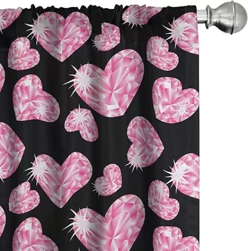 Ambesonne Diamonds Window Curtains Pack of 2, Romantic Pink Heart Stones on Black Background Valentines Day Theme, Lightweight Set with Rod Pocket, 4 Panels of - 28" x 63", Pink Black