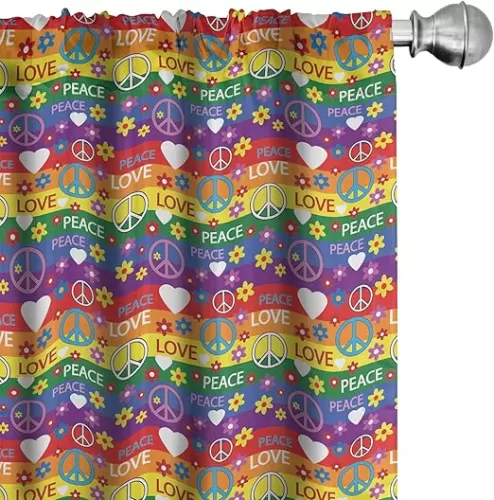 Ambesonne Groovy Curtains, Heart Peace Flower Power Political Hippie Cheerful Colors Festival Joyful, Window Treatments 2 Panel Set for Living Room Bedroom, Pair of - 28" x 84", Rainbow Colors